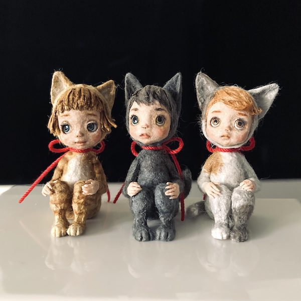 ３匹の猫の和紙人形(Tora, Kuro, Mike)