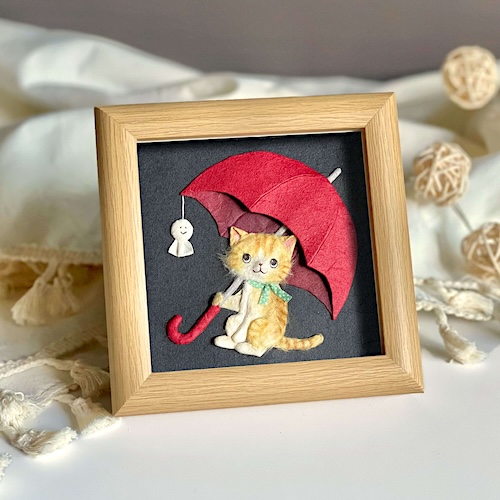 和紙ちぎり絵『雨傘とてるてる坊主とネコ』