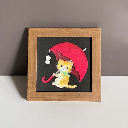 ちぎり絵アートプリント『雨傘とてるてる坊主とネコ』