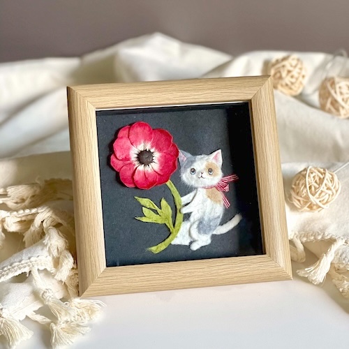 和紙ちぎり絵原画『赤いアネモネとネコ』