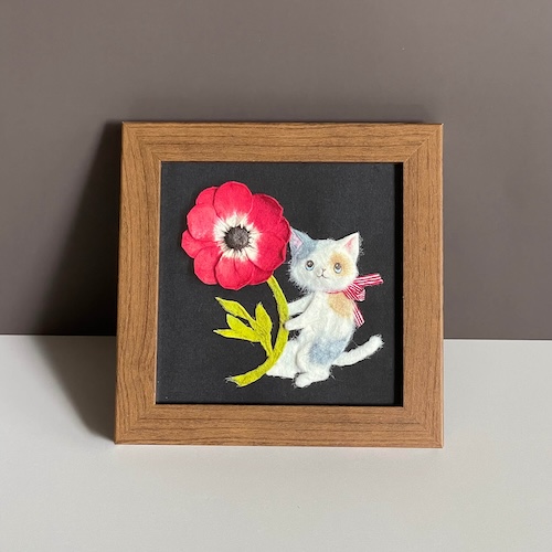 ちぎり絵プリントアート『赤いアネモネとネコ』