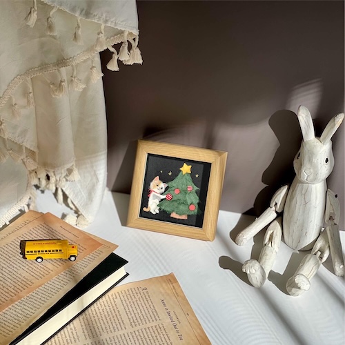 和紙ちぎり絵原画『クリスマスとネコ』季節のインテリアに