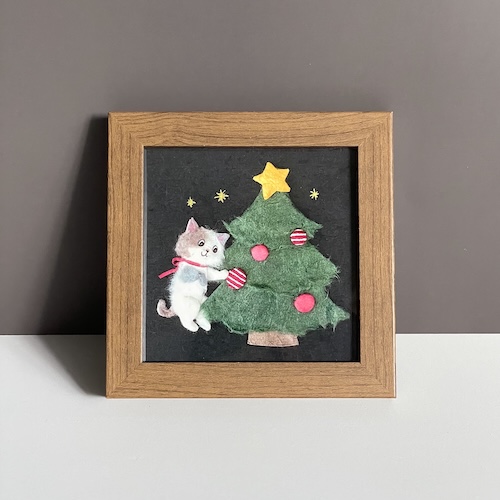 和紙ちぎり絵複製画『クリスマスとネコ』