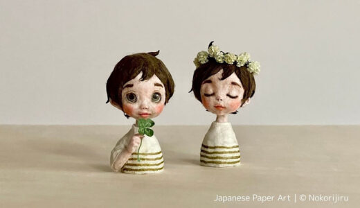 和紙人形作品紹介｜シロツメクサの花冠と四つ葉のクローバーのミニドール(胸像タイプ)セット