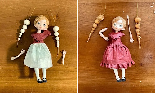 和紙人形の腕や髪など各パーツを配置した製作工程の記録