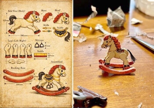 AIで生成した木馬の設計図と完成したミニチュア木馬。和紙人形作品に使用した小さなロッキングホース。
