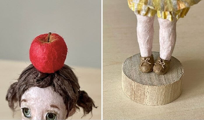 少女の頭の上のりんごと足元のアップ