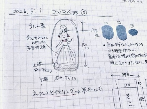 青いドレスの和紙フランス人形のラフスケッチ