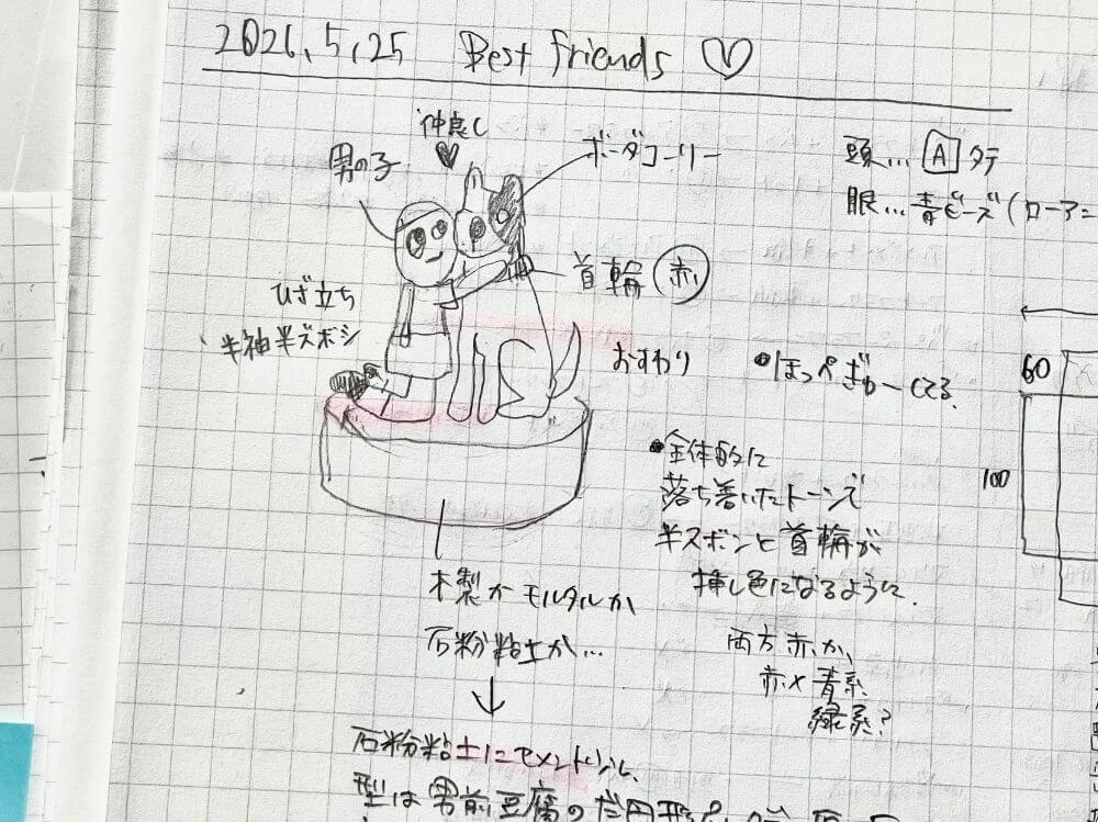 少年と犬の和紙人形『ずっと大切な君へ』のデザインスケッチ。構図や性格、特徴を書き込んだ制作初期のアイデアノート。