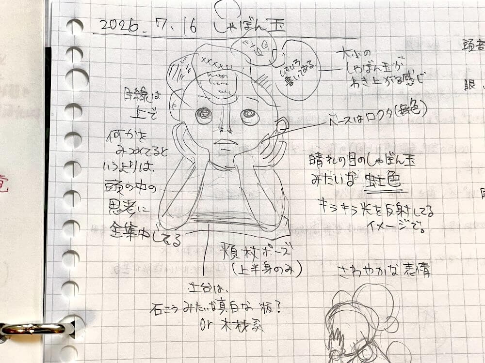 思考を表す球体を頭上に浮かべた人形のラフスケッチ