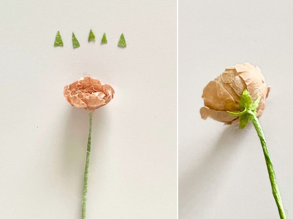 緑色の和紙で作った三角形の萼を花の付け根に取り付ける工程
